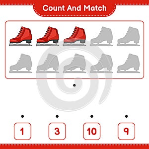 Count and match, count the number of Ice Skates and match with the right numbers. Educational children game, printable worksheet,