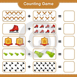 Count and match, count the number of Ice Skates, Whistle, Dumbbell, Baseball Bat, Trophy and match with the right numbers.