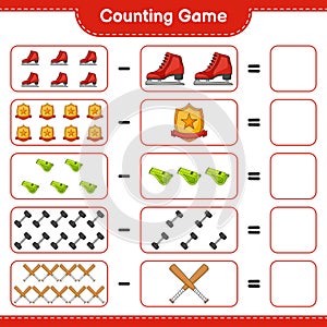 Count and match, count the number of Ice Skates, Whistle, Dumbbell, Baseball Bat, Trophy and match with the right numbers.