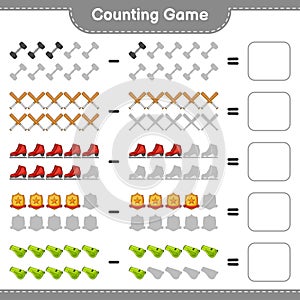 Count and match, count the number of Ice Skates, Whistle, Dumbbell, Baseball Bat, Trophy and match with the right numbers.