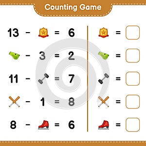 Count and match, count the number of Ice Skates, Whistle, Dumbbell, Baseball Bat, Trophy and match with the right numbers.