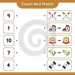 Count and match, count the number of Ice Skates, Whistle, Dumbbell, Baseball Bat, Trophy and match with the right numbers.