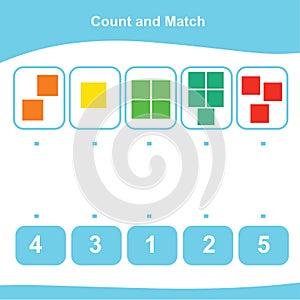 Count and Match Game for Kids. Geometric shapes Game. Math Worksheet for Preschool.