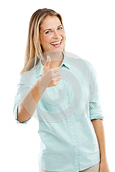 Count me in. a happy woman showing a thumbs up against a white background.