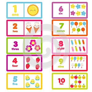 Count from one to ten. Cute characters and numbers. Educational learning card for children, kids, toddlers