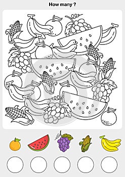 Count and painting color the fruits.