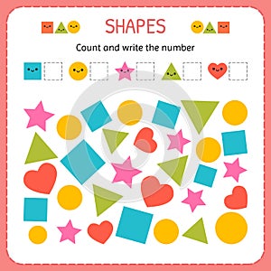 Count and write the number. Learn shapes and geometric figures. Preschool or kindergarten worksheet