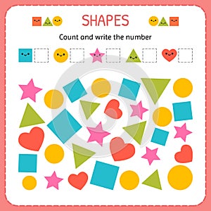 Count and write the number. Learn shapes and geometric figures. Preschool or kindergarten worksheet photo