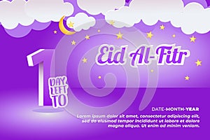 Countdown 1 Day Left Happy Eid al Fitr With Star and Moon Cloud Paper Cut Out Style Isolated on Purple Background Color