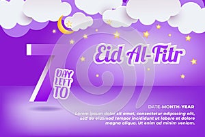Countdown 7 Day Left Happy Eid al Fitr With Star and Moon Cloud Paper Cut Out Style Isolated on Purple Background Color, Vector Il
