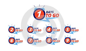 Countdown badges. Days to go sale labels with day left numbers. Product limited promo, big deal offer vector