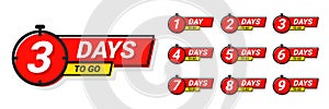 Countdown badges. Number of days left to go, from 1 to 9. Countdown left days, stylized counter in red and yellow colors photo