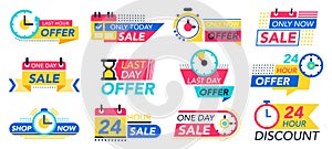 Countdown badges. Sale timer promo stickers, countdown one day sales, 24 hour labels. Last minute offer badge isolated