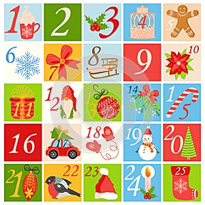 Countdown calendar to Christmas with cartoon characters and symbols. Birds, Gnome, Santa Claus hat, gift, postcard