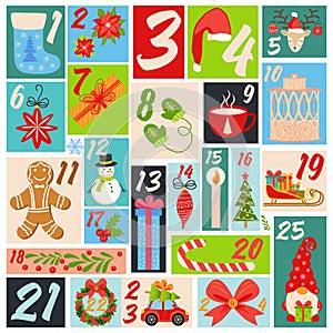 Countdown calendar to Christmas with cartoon characters and symbols. Birds, Gnome, Santa Claus hat, gift, postcard