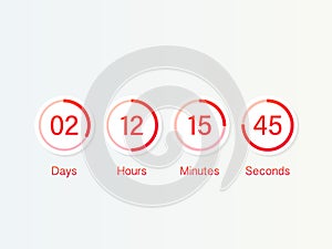 Countdown clock counter timer. UI app digital count down circle board meter with circle time pie diagram.