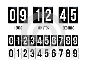 Countdown clock display with black and white nubers set. Vector date counter flip board isolated on white bacground