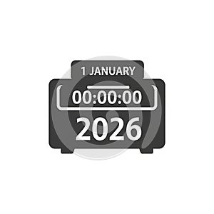 Countdown clock midnight 2026 minimal 2D flat vector icon