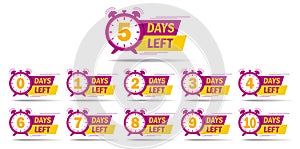 Countdown 1, 2, 3, 4, 5, 6, 7, 8, 9, 10 days left label or emblem set. Day left counter icon with clock for sale promotion, promo photo