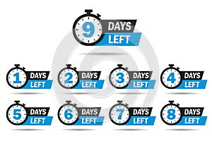 Countdown 1, 2, 3, 4, 5, 6, 7, 8, 9, days left label or emblem set. Day left counter icon with clock for sale promotion, promo photo