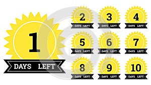 Countdown of days. Number 1, 2, 3, 4, 5, 6, 7, 8, 9, 10, of days left to go. Promotional banners. Price offer promo deal