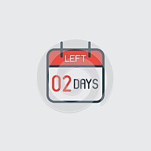 Countdown daily page calendar icon 02 days left. Number day to go. Agenda app, business deadline, date. Reminder