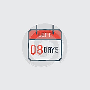 Countdown daily page calendar icon 08 days left. Number day to go. Agenda app, business deadline, date. Reminder