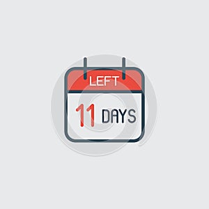 Countdown daily page calendar icon 11 days left. Number day to go. Agenda app, business deadline, date. Reminder