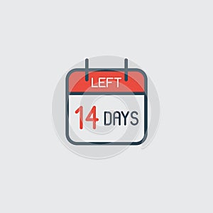 Countdown daily page calendar icon 14 days left. Number day to go. Agenda app, business deadline, date. Reminder