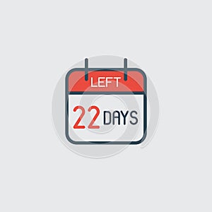 Countdown daily page calendar icon 22 days left. Number day to go. Agenda app, business deadline, date. Reminder