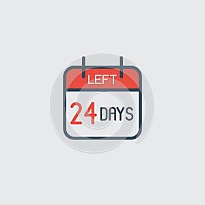 Countdown daily page calendar icon 24 days left. Number day to go. Agenda app, business deadline, date. Reminder