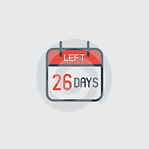 Countdown daily page calendar icon 26 days left. Number day to go. Agenda app, business deadline, date. Reminder