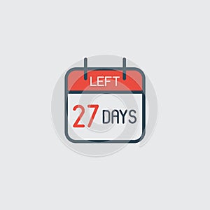 Countdown daily page calendar icon 27 days left. Number day to go. Agenda app, business deadline, date. Reminder
