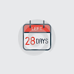 Countdown daily page calendar icon 28 days left. Number day to go. Agenda app, business deadline, date. Reminder