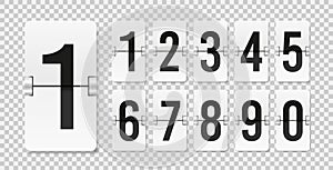 Countdown scoreboard numbers. Score vector realistic timetable. Mechanical retro airport flipboard. Clicker mockup