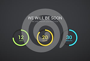 Countdown timer design for website. Clock timer design on dark background. Coming soon app modern flat counter
