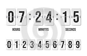 Countdown timer. Mechanical analog flip clock with number indicator, retro automatic date hour minutes counter timetable