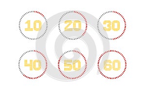 Countdown timer with ten seconds or minutes interval in modern and pixel numeric style. Isolated on a white background