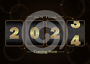 Countdown to 2024 New year coming soon Gold color number of next year run on the box button on black colorbackground concept