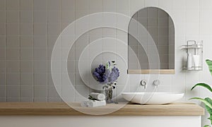 counter with ceramic washbasin and flower vase and modern style white bathroom 3d render, white wall and mirrors, The