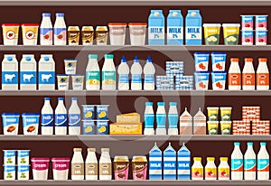 Counter with dairy products. Supermarket