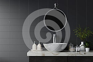a counter with decoration on top ceramic with washbasin and modern style white bathroom 3d render, grey ceramic wall and