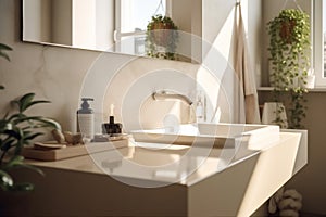 counter design faucet elegant interior house luxury modern bathroom sunlight sink. Generative AI.