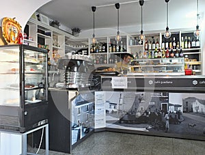 Counter and espresso machine inside a vintage cafe
