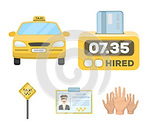 The counter of the fare in the taxi, the taxi car, the driver`s badge, the parking lot of the car. Taxi set collection