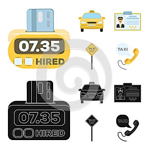 The counter of the fare in the taxi, the taxi car, the driver`s badge, the parking lot of the car. Taxi set collection