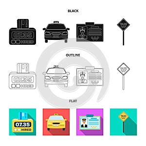 The counter of the fare in the taxi, the taxi car, the driver`s badge, the parking lot of the car. Taxi set collection