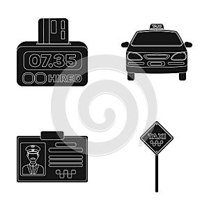 The counter of the fare in the taxi, the taxi car, the driver`s badge, the parking lot of the car. Taxi set collection