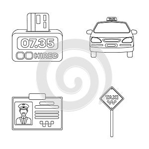 The counter of the fare in the taxi, the taxi car, the driver`s badge, the parking lot of the car. Taxi set collection