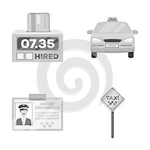 The counter of the fare in the taxi, the taxi car, the driver`s badge, the parking lot of the car. Taxi set collection